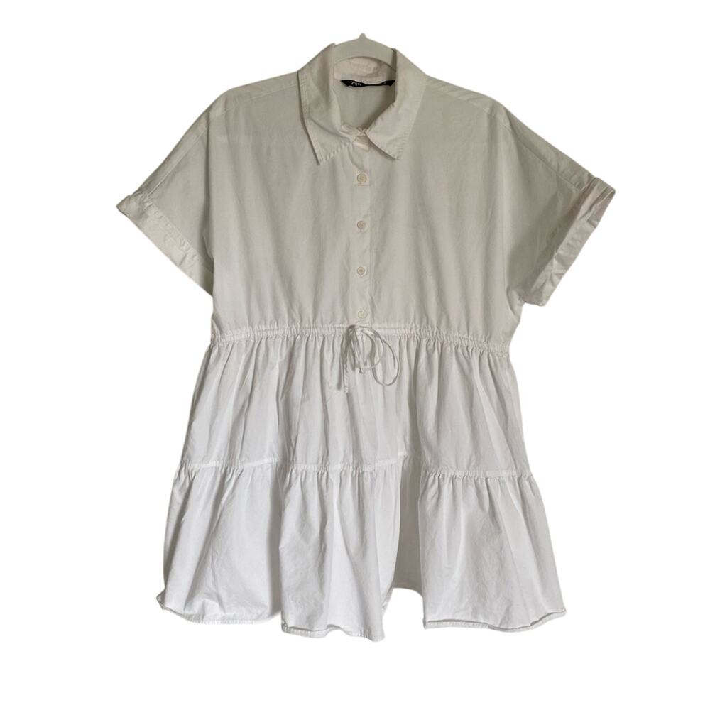 Zara Minimal Chic 100% Cotton Oxford Tiered Drawstring Waist Casual Shirt Dress
